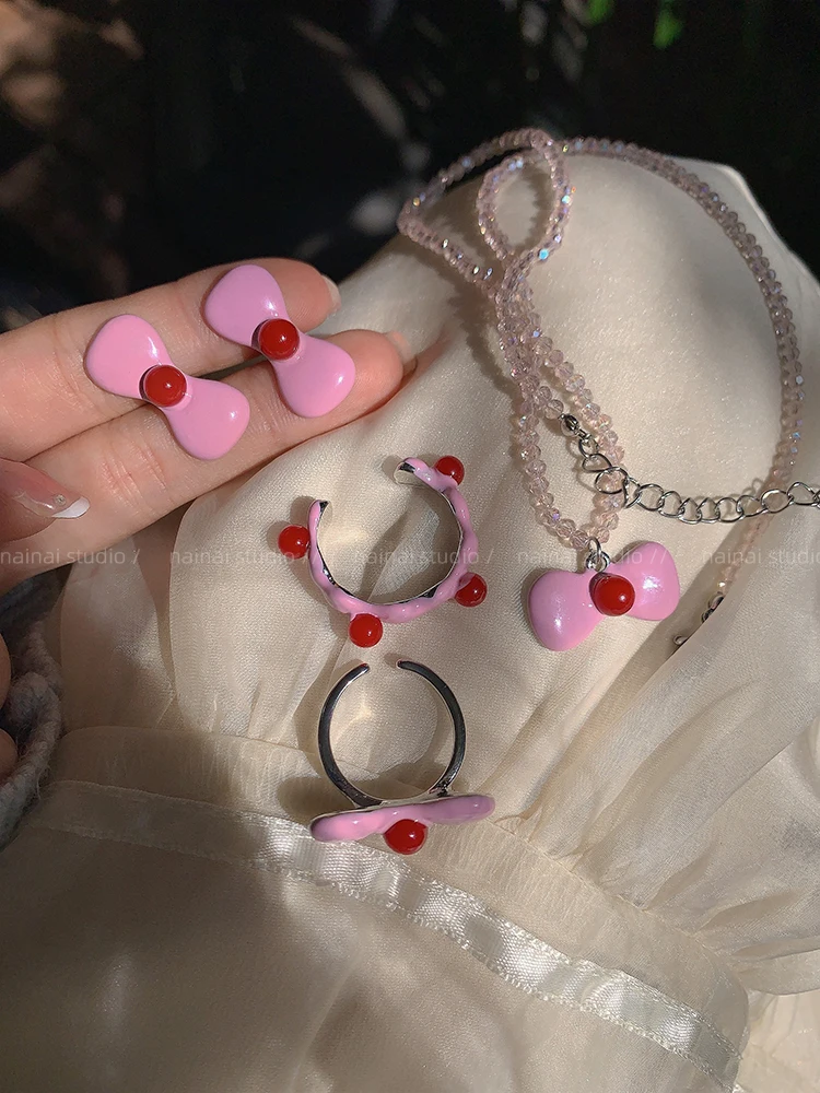 

Necklace+Ring+Earrings~Pink Bowknot Sweet Girl Beaded Collar Chain Open Ring Earrings Earrings Earstuds