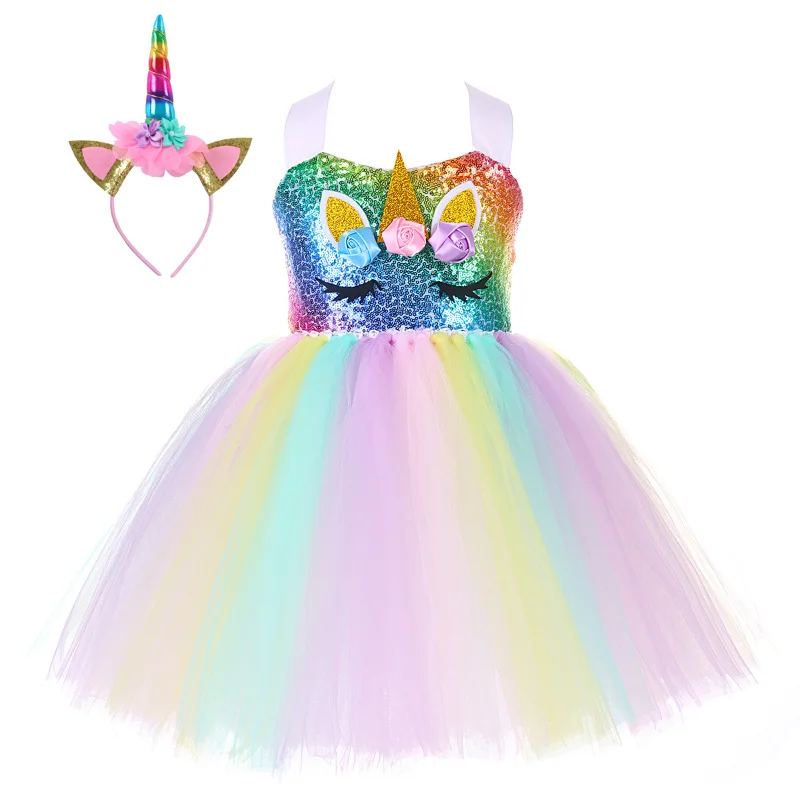 

Unicorn Girls Knee Dress Kids Birthday Party Princess Lolita Costume for Halloween Christmas Children Rainbow Tutu Dress