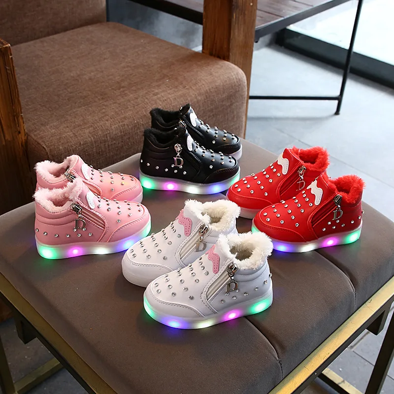 Warm Keep Winter Children Casual Shoes Zip Lovely Cute Kids Sneakers Glowing LED Solid Color Lighted Girls Boots Toddlers