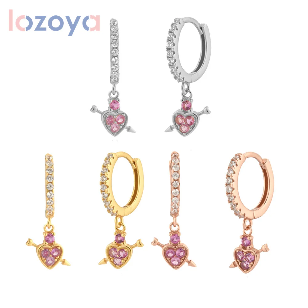 

LOZOYA 925 пробы серебряная, Золотая подвеска в форме сердца с розовой ПАВЕ, прозрачный циркон, серьги-капельки для пирсинга, подарок на свадьбу, зажимы