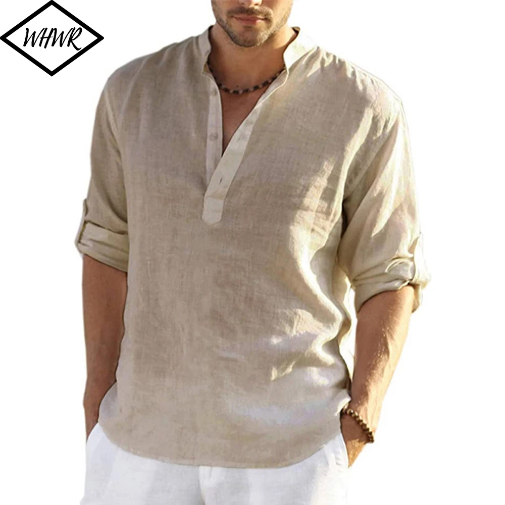 

Cotton Linen Casual Men Shirts Summer Thin Loose Blouse Solid Color Long Sleeve Tops Linen Shirt for Men
