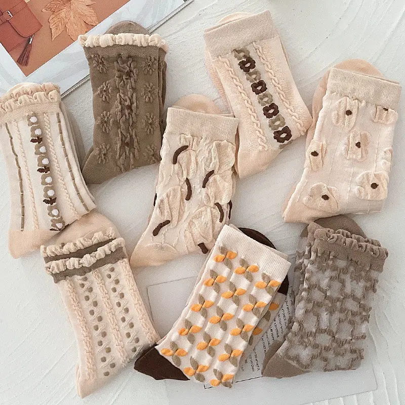 3/5pairs Retro Jacquard Socks Woman Korean Sweet Kawaii Tube Socks Japanese Harajuku Ins Creative Female Sokken Long Socks Women