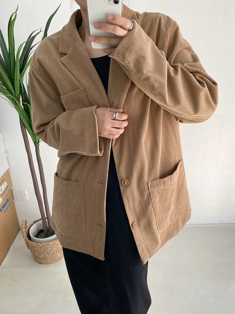 

SuperAen Korean Design Retro Khaki Corduroy Suit Coat Loose Casual Suit Autumn and Winter Women Jacket Coat