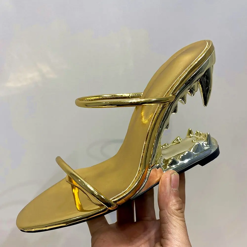 Women Gold Fretwork Teeth Heels Sandals Double Thin Strap Lady Summer New Toothed Shark Mouth High Heel Slippers Round Toe Shoes