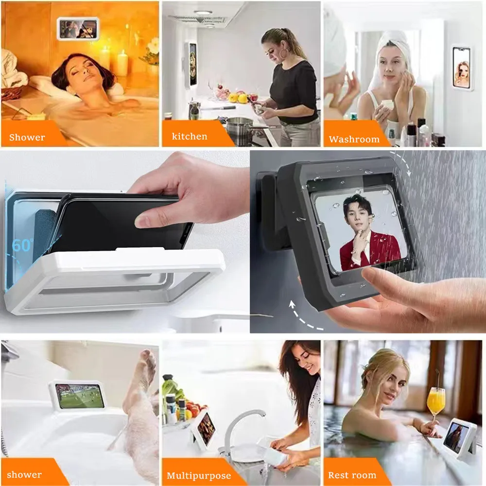 Shower Phone Holder Waterproof Cell Phone Box Under 6.8 inch Mobile Phone Stand Bathroom Bathtub Kitchen Mirror Wall Mount