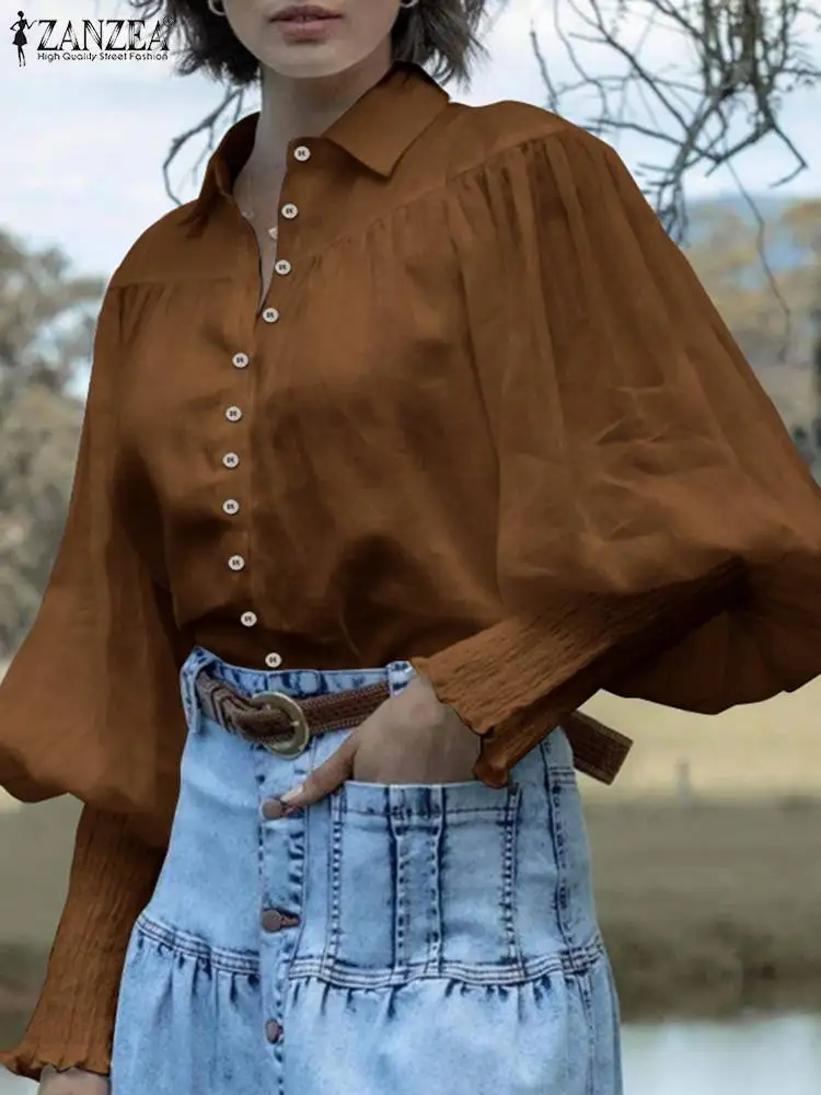 

ZANZEA Women Fashion Shirt 2023 Spring Puff Sleeve Seamed Chemise Female Smocked Cuffs Streetwear Lapel Button Pleated Solid Top