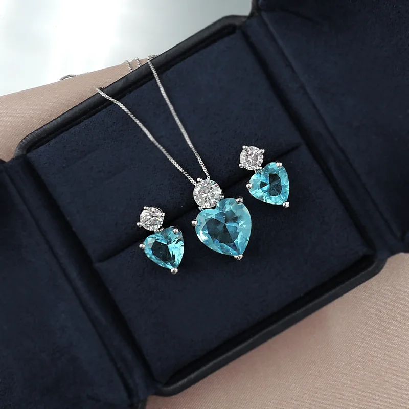 New High Quality Fashion S925 Silver Necklace Blue Heart Pendant Silver Necklace Suitable for Couple Gifts