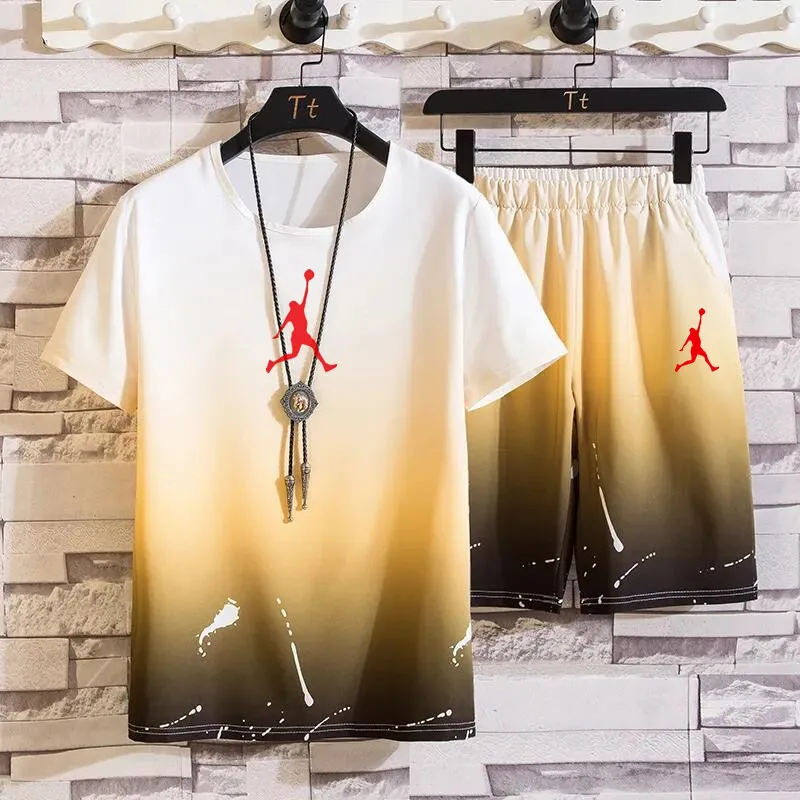 Men's suit Breathable gradient color summer short-sleeved T-shirt suit fashion two-piece streetwear Sports beach shorts Sportswe