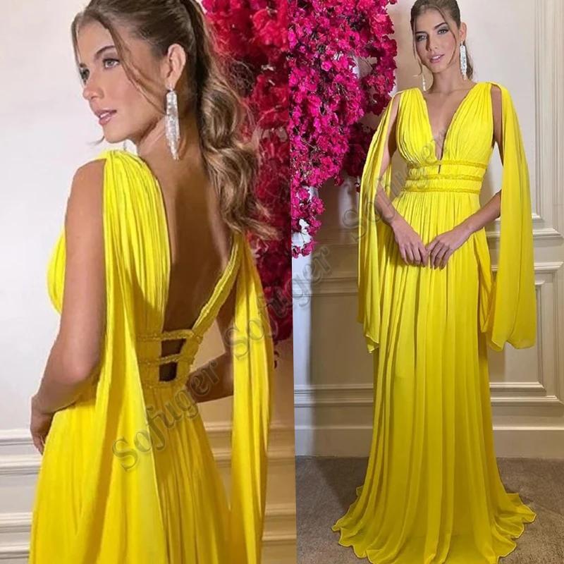 

Yellow Chiffon Evening Dress Prom Dresses Saudi Arabric Bacless Beads Robe De Soiree Celebrity Vestidos Fiesta Custom Made
