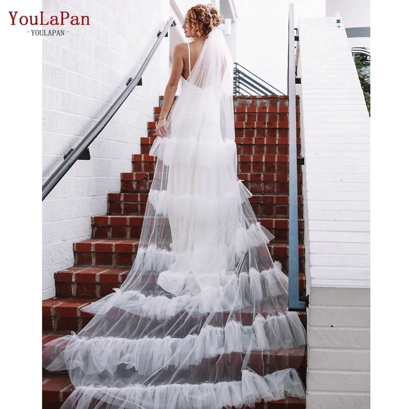 YouLaPan V117a Romantic Bridal Veils Layered Pleated Ruffles Soft Tulle Wedding Veils Elegant Wedding Pamelas Fascinator Veu