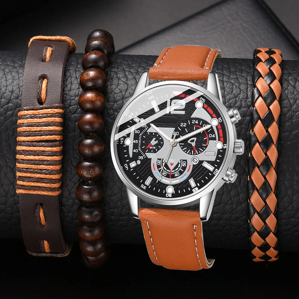 4 шт./набор мужские кварцевые часы с кожаным ремешком