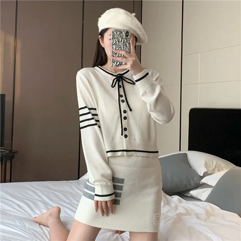 

Spring new cardigan tb college style creamy small shirt bow simple wild casual knitted sweater