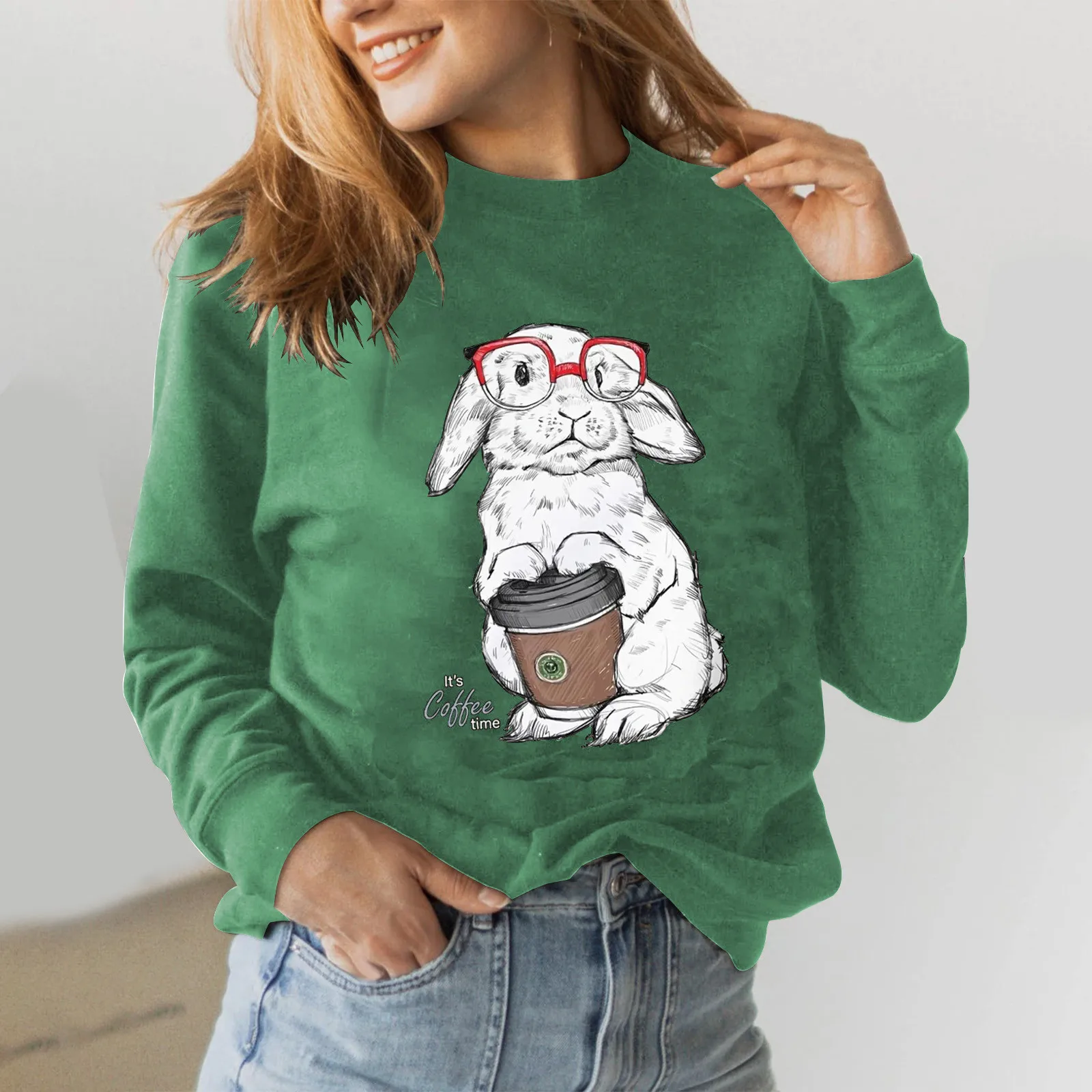 

Cute Coffee Print Sweatshirt Round Neck Women's Top