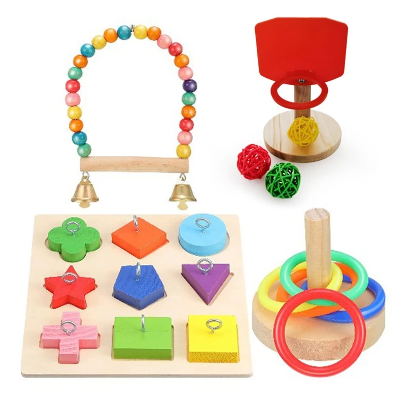 

4 Pcs Bird Set with Wooden Block Puzzle Parrot Training Basketball Swing
