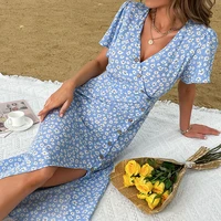 dress womens 2022 new summer casual light luxury temperament womens blue self cultivation holiday style printed korean dress