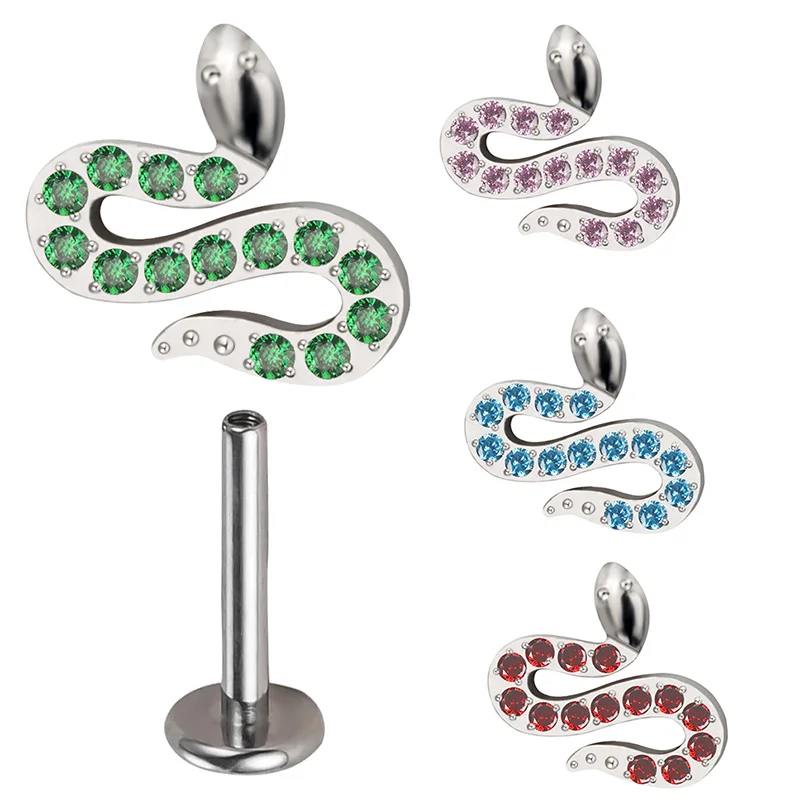 

ASTM F136 Titanium snakelike EAR PIERC Zircon Paved Threaded Top Labret Studs Tragus Pircing Earrings Lip Stud Piercing Jewelry