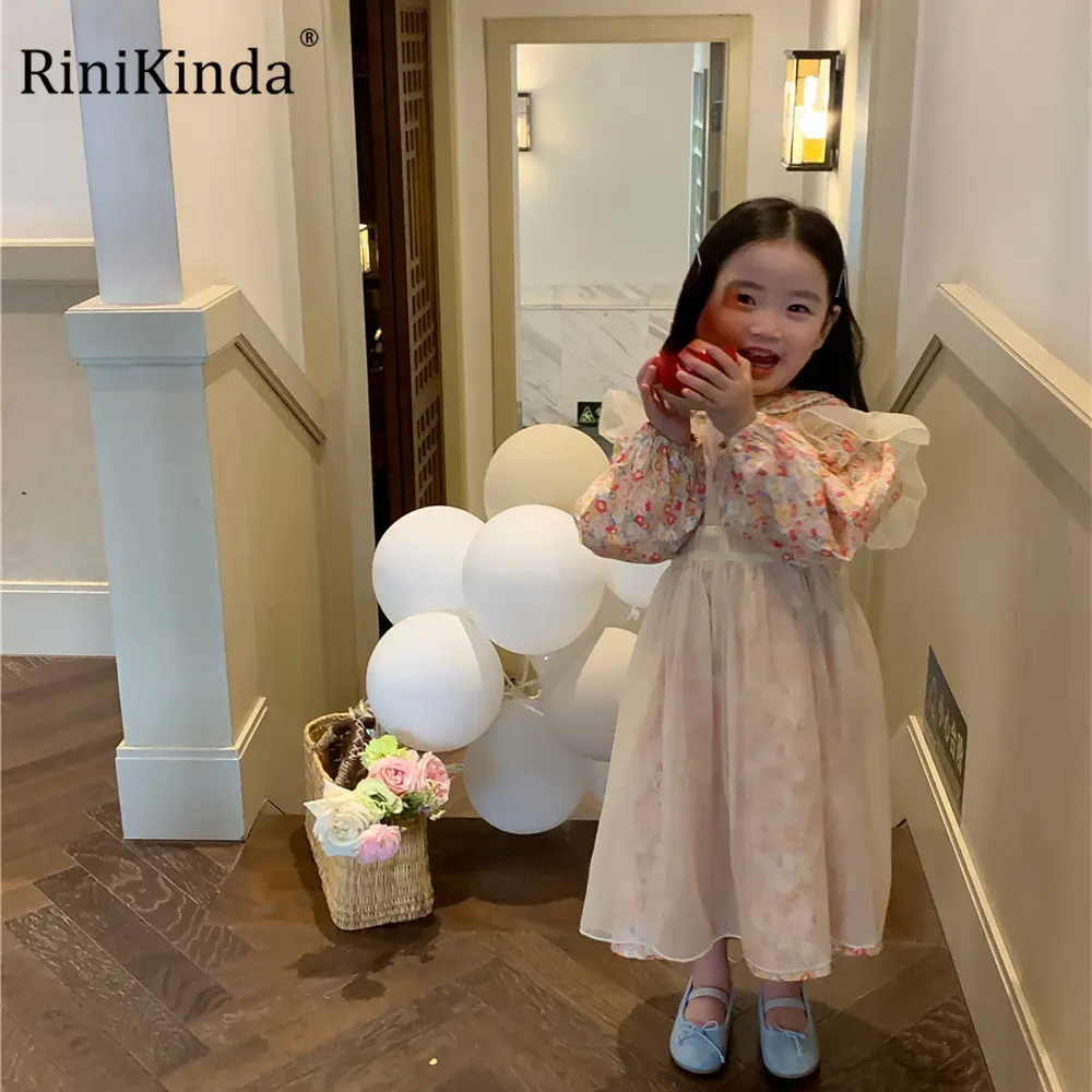 

RiniKinda 2022 Autumn New Children Girls Clothing Sets Floral Dress+ Mesh Cover Dress Baby Clothes Suit Girls Kids Outfit