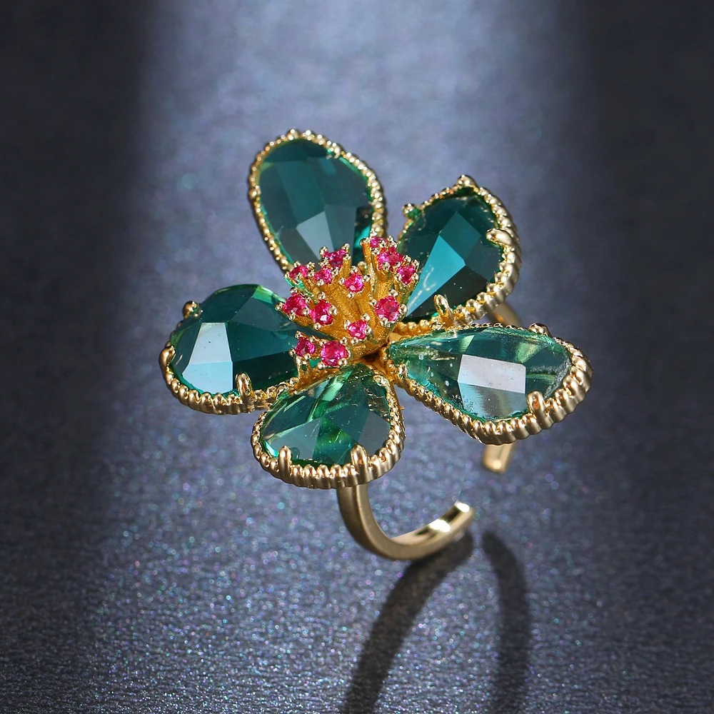 

2023 Trend Gold Color Green Flower Zircon Rings for Women Fashion Elegant Floral Crystal Wedding Bridal Ring Luxury Jewelry Gift