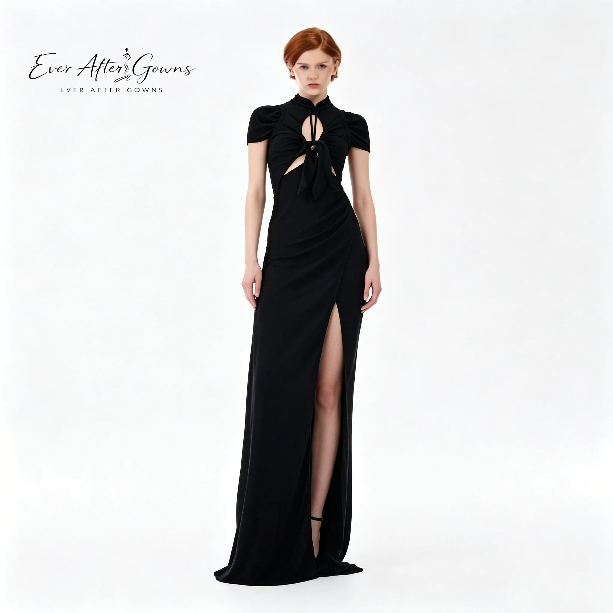 Фото Вечернее платье Ever After Gowns для женщин, черное, с высоким воротом, макси-длина, с коротким рукавом, вырезом-капелькой и узлом, с высоким разрезом, для торжественных мероприятий №1
