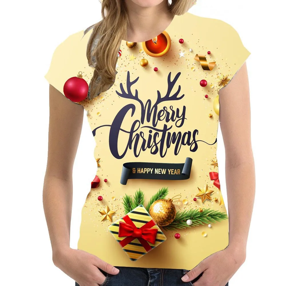 

2023 Christmas Women's 3D Printing T-shirt Holiday Clothing Casual Fashion Short Sleeve Top Cartoon Anime Christmas Tree T-shirt