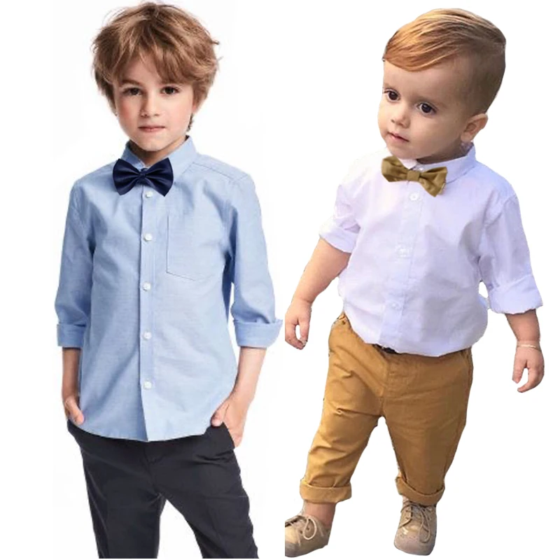 

Новинка весна-осень джентльменский стиль комплект одежды с галстуком-бабочкой Однотонная рубашка с длинным рукавом + брюки 2 шт. костюм для ...