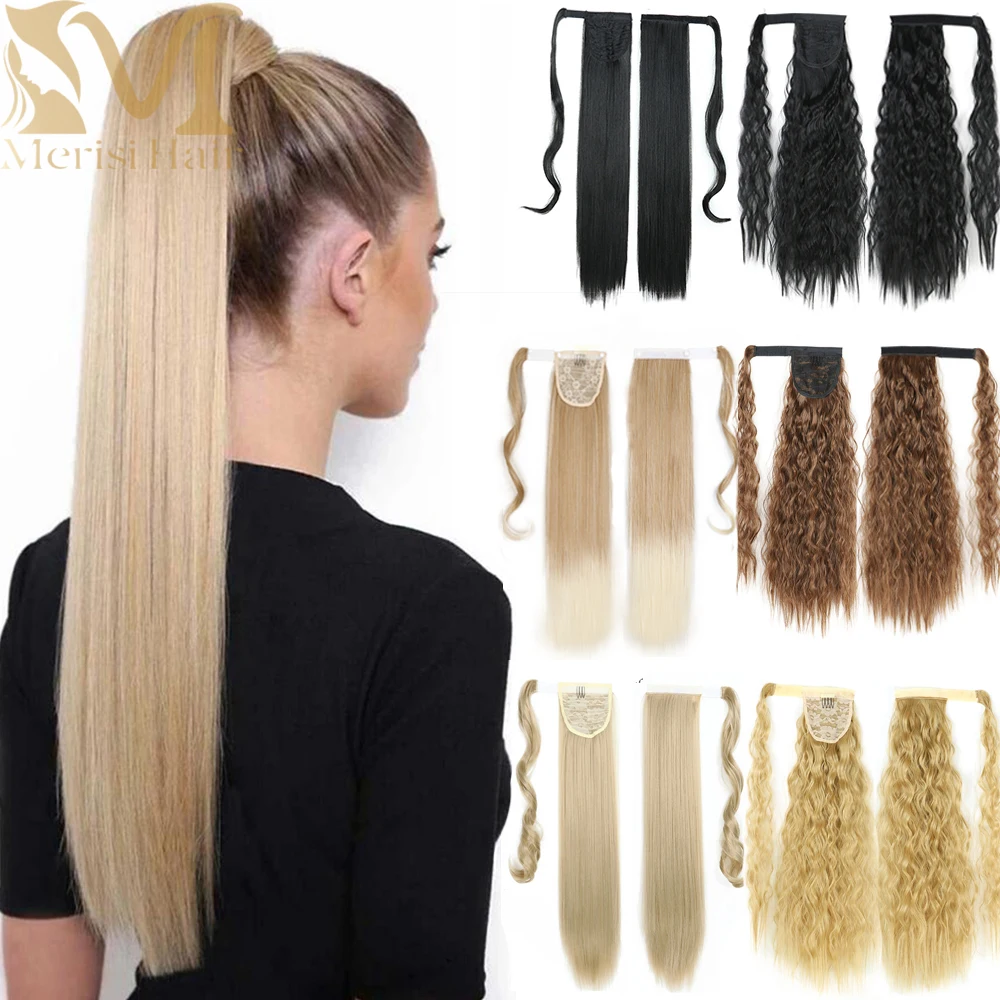 MERISIHAIR Synthetic Long Straight Wrap Around Clip In Ponytail Hair Extension Heat Reistan Pony Tail Fake Hair