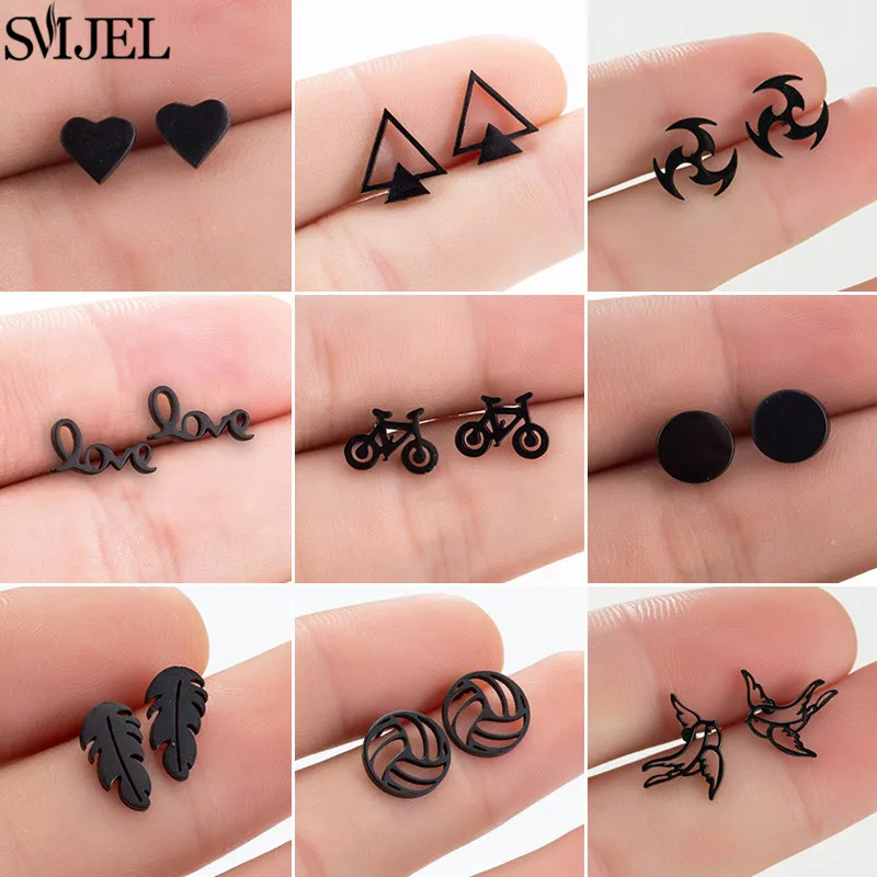 

Черные серьги из нержавеющей стали для женщин и мужчин, серьги-гвоздики в стиле хип-хоп с геометрическим рисунком сердца, круга, треугольник...