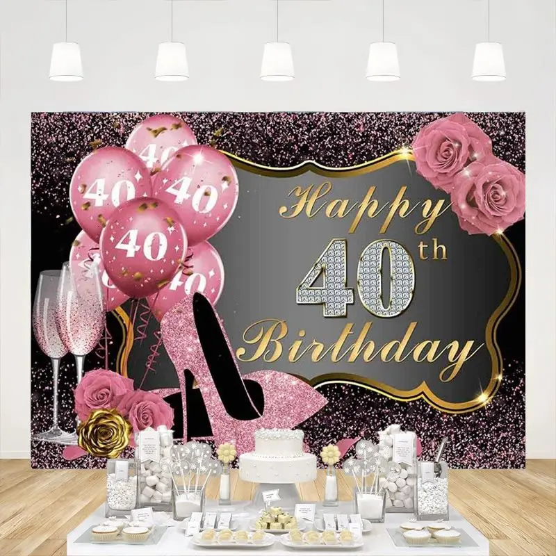 

Happy 40th Birthday Backdrop for Photography Pink High Heel Rose 40 Balloons Champagne Background Decoration Women Photo Props