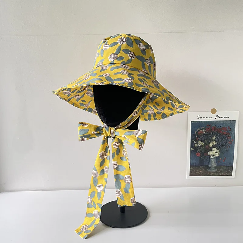 

2022 Floral Print Bow Bucket Hat Women Big Wide Side Cotton Reversible Sun Protection Holiday Cap Female Panama Fisherman Gorras