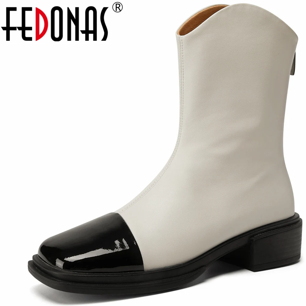 

FEDONAS Concise Square Toe Women Ankle Boots Thick Heels Mixed Colors Shoes Woman 2023 Autumn Winter Genuine Leather Office Lady