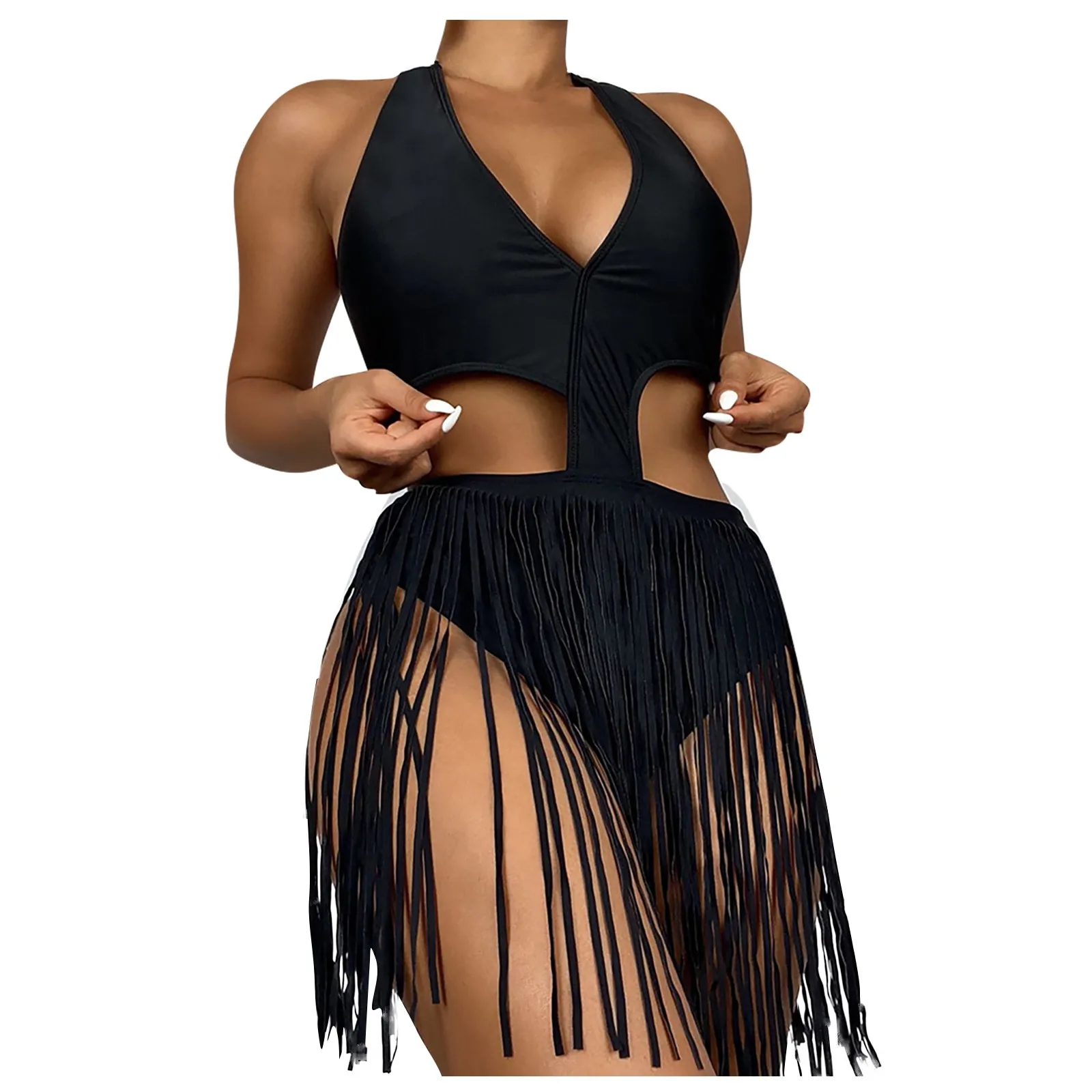 

Женский сексуальный цельный пляжный купальник с подвесным воротником и кисточками, купальный костюм, пляжная одежда для водных видов спорта