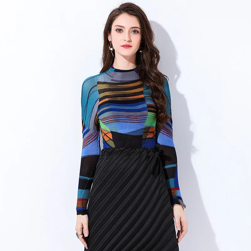 Miyake плиссированный топ модный женский с длинными рукавами и принтом