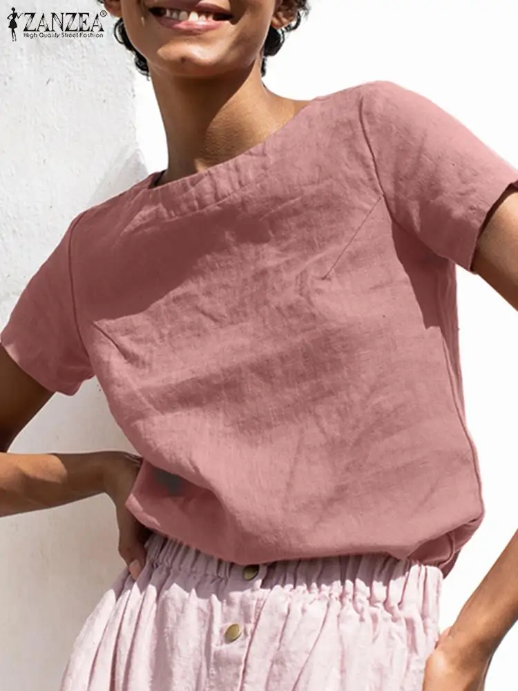 

Fashion Summer Short Sleeve Solid Shirt ZANZEA Women Casual O Neck Loose Work Blouse Elegant Tunic Tops Female Cotton Blusas