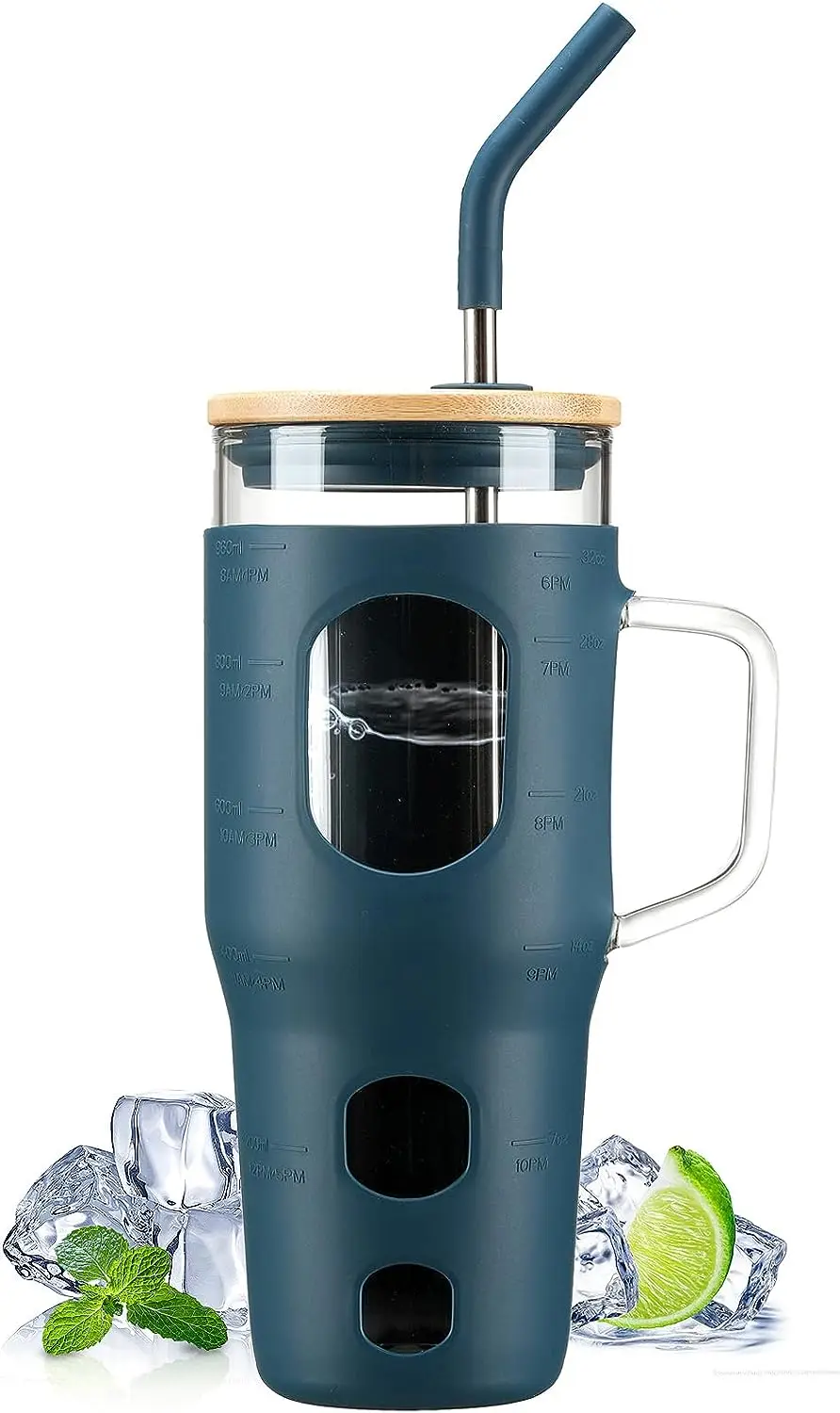 With Handle,glass Cup With Time Marker And Silicone Sleeve