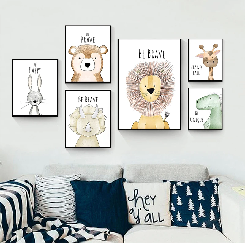Мультяшные животные скандинавский постер настенное фото Лев слон детский сад