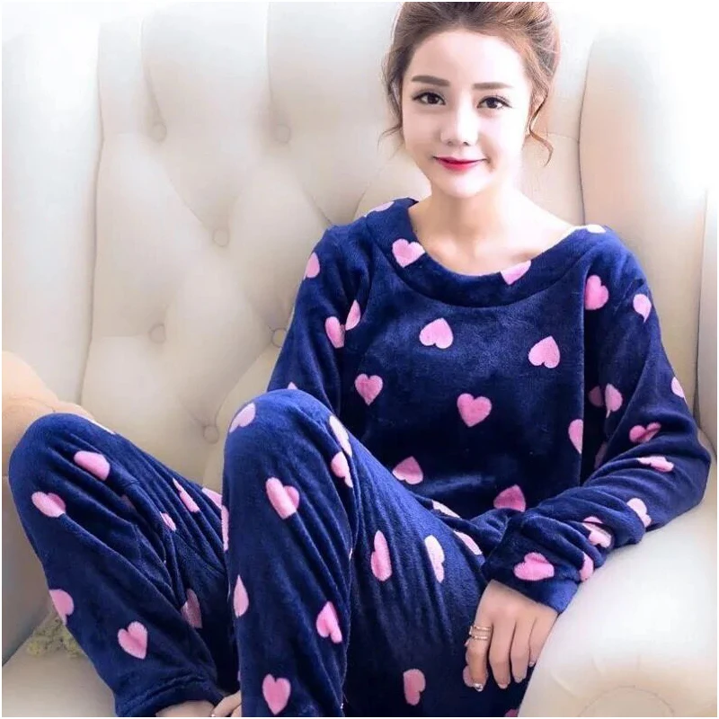 Autumn and winter new pajamas women's coral velvet long-sleeved Korean version sweet flannel home clothes thickened 2-piece set