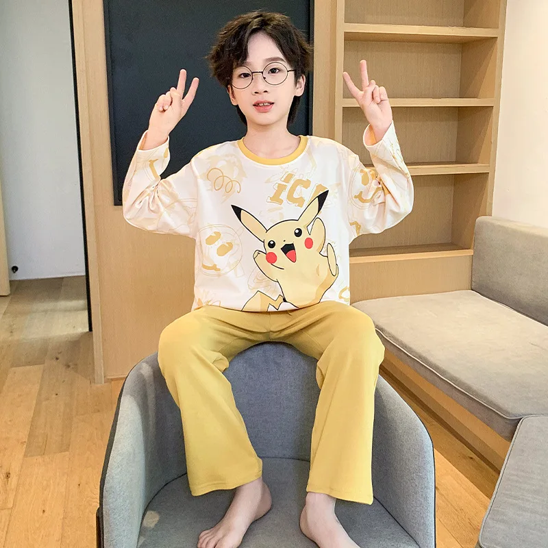 Милые пижамы для родителей и детей Аниме фигурки Пикачу взрослых Осенняя тонкая