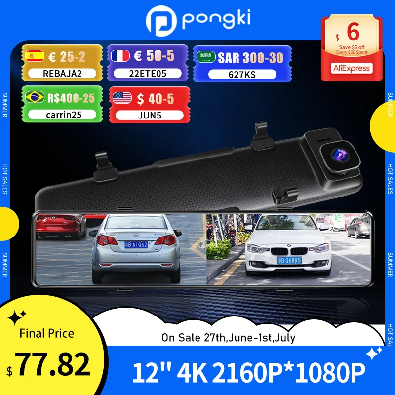 

Pongki 12 Inch Touch Screen Car Video Recorder Dual Len 4K Streaming Media Rearview Mirror Registrar Dash Cam Monitoring Car DVR