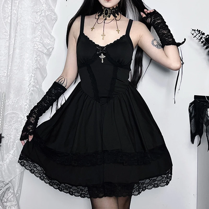

Goth Dark Mall Gothic Aesthetic Lace Hem Mini Dress Lolita Grunge A-line Slim Sexy Women Dresses egirl Black Fashion Alt Clothes