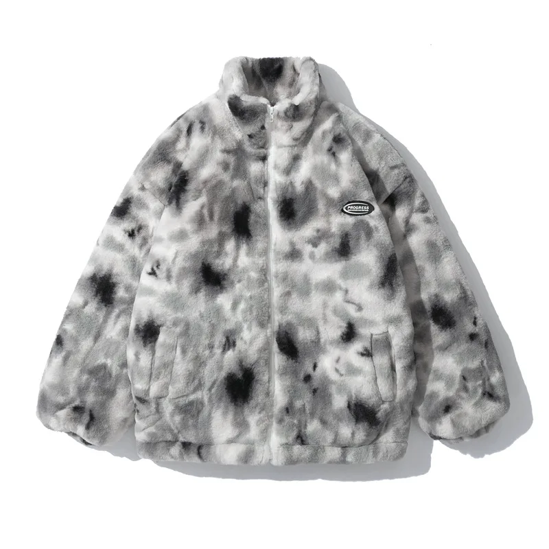 Hip Hop Winter Faux Fur Fleece Jacket Streetwear Men Harajuku Tie Dye Heart Fuzzy Jackets Warm Coats 2022 Casual Zipper Coats