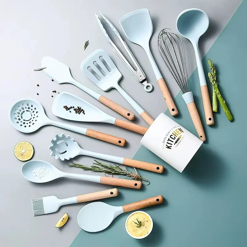 

Blue Beech Silica Gel Kitchen Gadget Set Spatula Soup Spoon Egg Beater Food Clip Spatula Spaghetti Claw Brush Cooking Tool