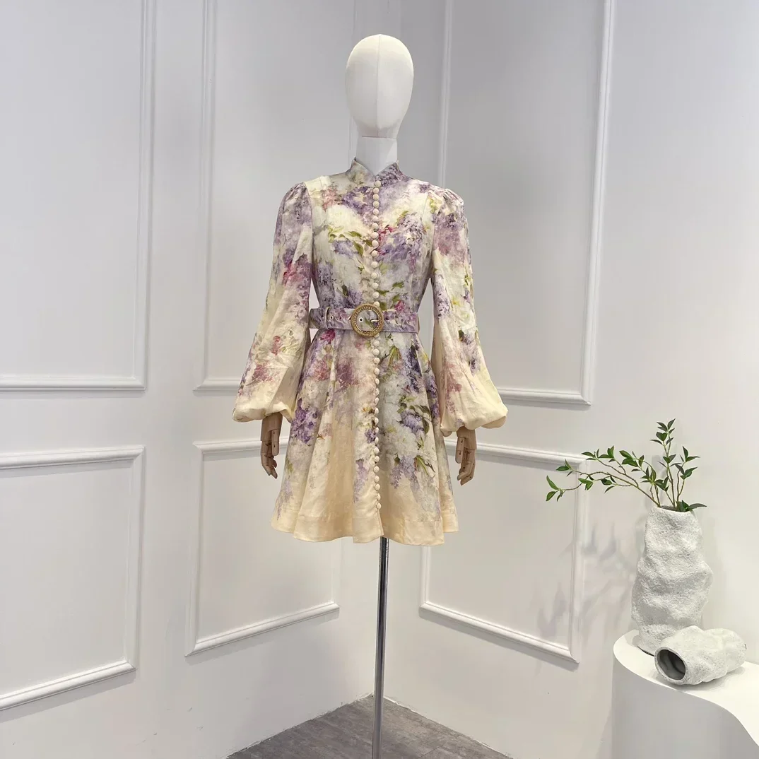 

Multi-color Floral Print 2023 New Linen High Quality Long Lantern Sleeve Buttons A-line Vintage Elegant Woman Dress for Holiday