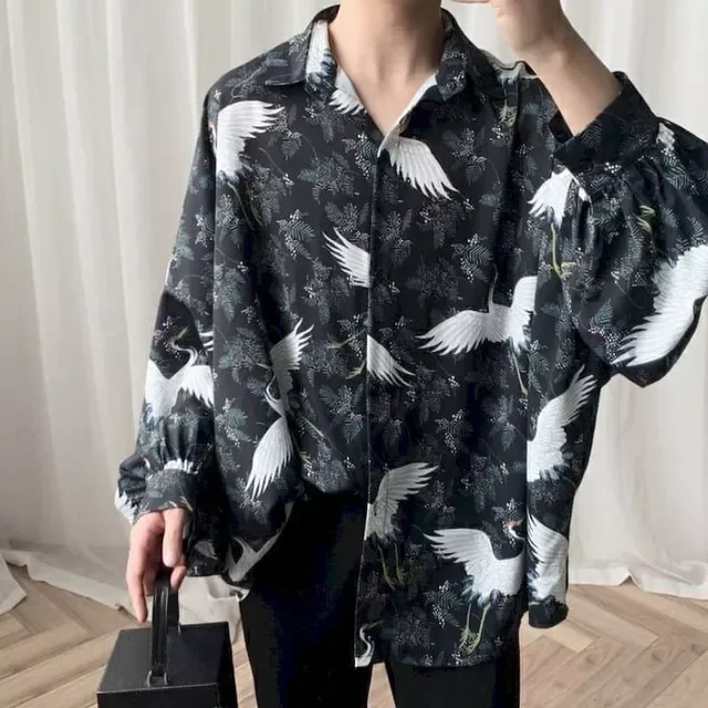 

long-sleeved national tide antique flower bud sleeve printing temperament shirt for men and women fresh print shirt men's