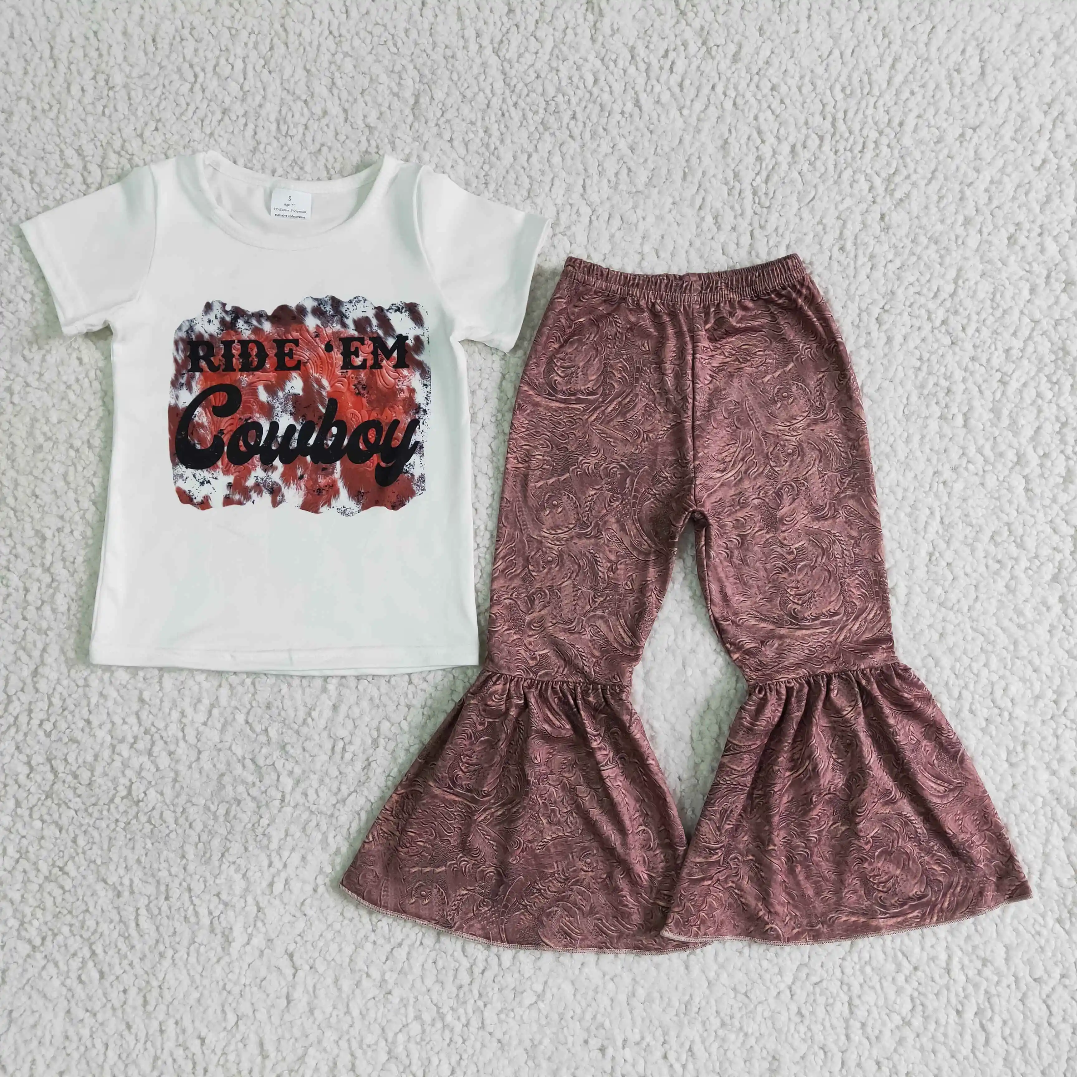 

New arrival kids girls cowboy letter print top bell bottom pants 2pcs clothing set children girls western outfit