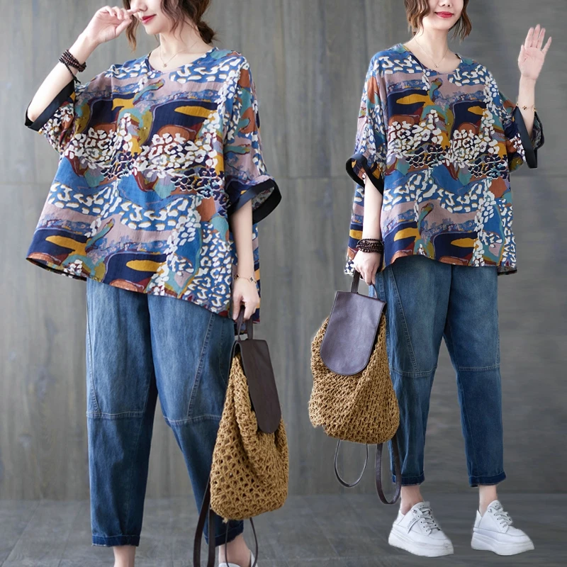 

2022 New Summer Printed Loose Casual T-shirt Retro Pullover Top Fashion