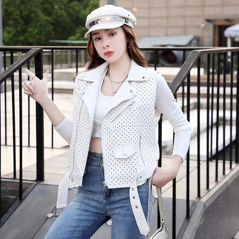 

Autumn Slim Short Hollow Out Faux PU Leather Vest With Belt White Black Lapel Zipper Leather Waistcoat Sleeveless Biker Jacket