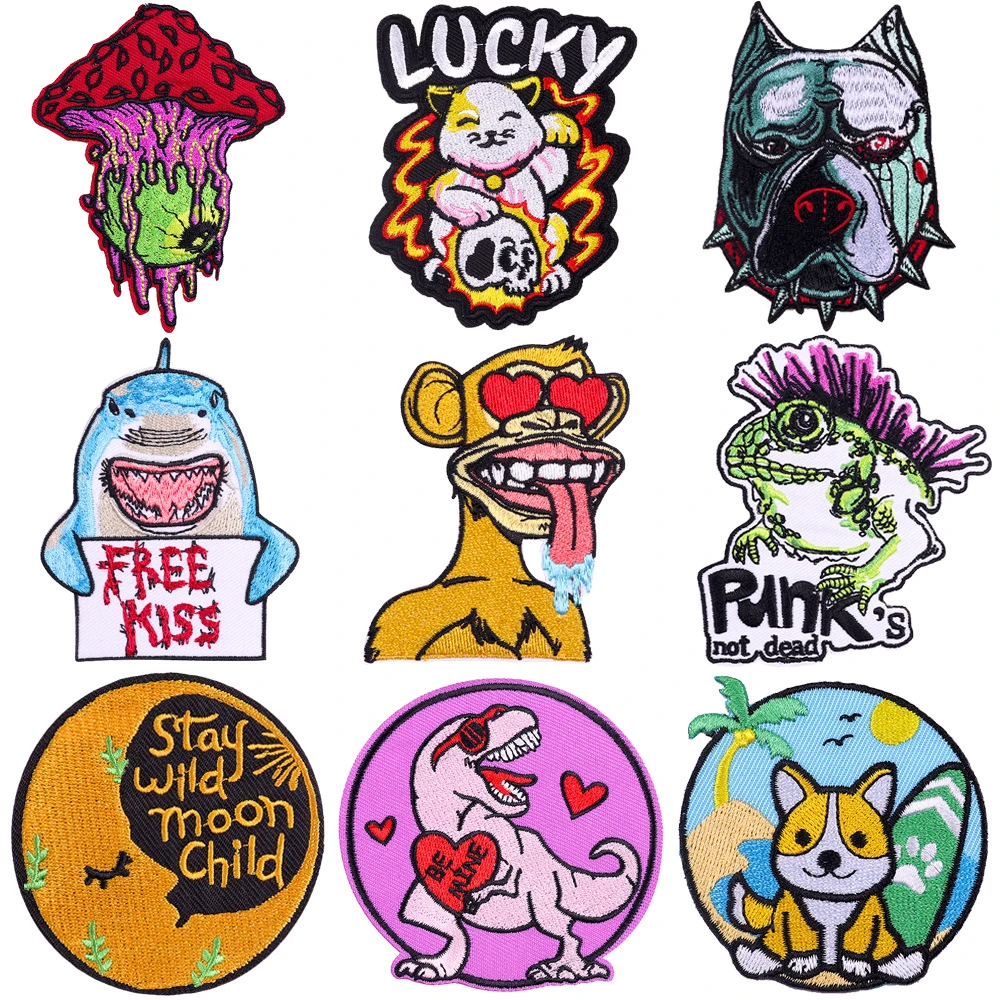 

Shark Embroidery Patches Dinosaur Corgi Monkey Cartoon Animal Iron On Patches Clothing Backpack Accessories Punk Cloth Stickers