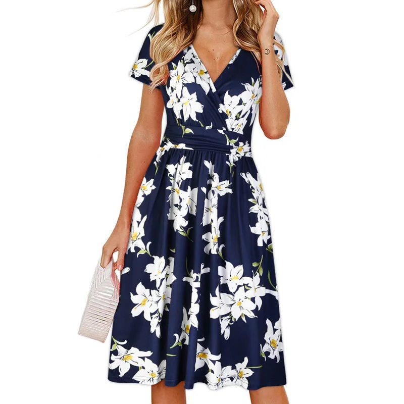 

Women's Summer Short Sleeve V-Neck Floral Short Party Dress with Pockets