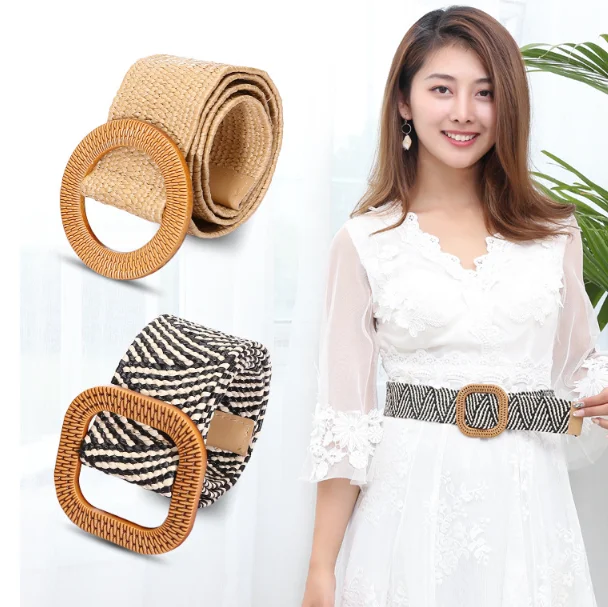 

1PC Women Fashion Casual Straw Belt Round Wooden Buckle Elastic Waist Chain Belly Necklace Body Jewelry Dress Shirt Accessories