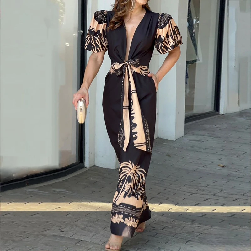 

Casual Fashion Print Short Sleeve Boho Long Dress Women Sexy Deep V Tie-up Bowknot Beach Dress Elegant Puff Shoulder Party Dress